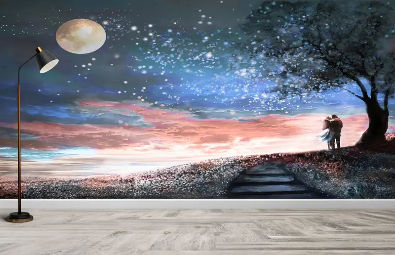 Romantic Moonlit Night Landscape Printed Wallpaper for Valentine's Day