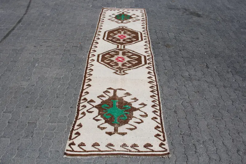 Turkish 3.2x11.3 ft Rug, Runner Vintage Rug, White Brown Animal Print Rug - 1