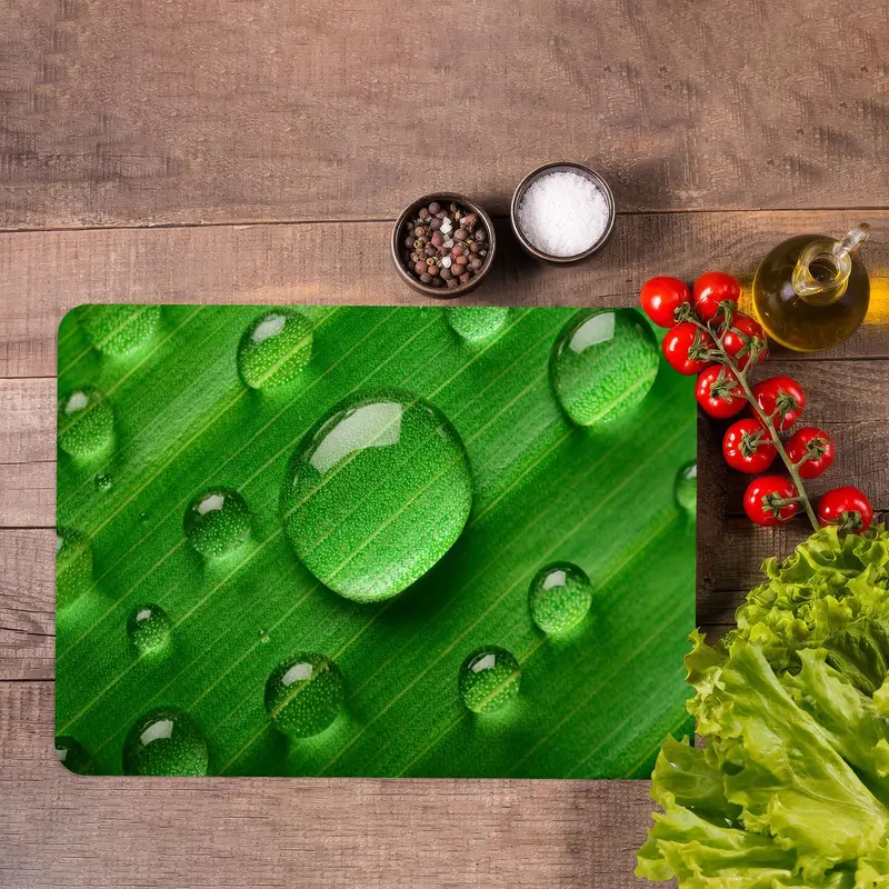 Mutfak için Yeşil Yaprak Tasarımlı Botanik Cam Kesme Tahtası