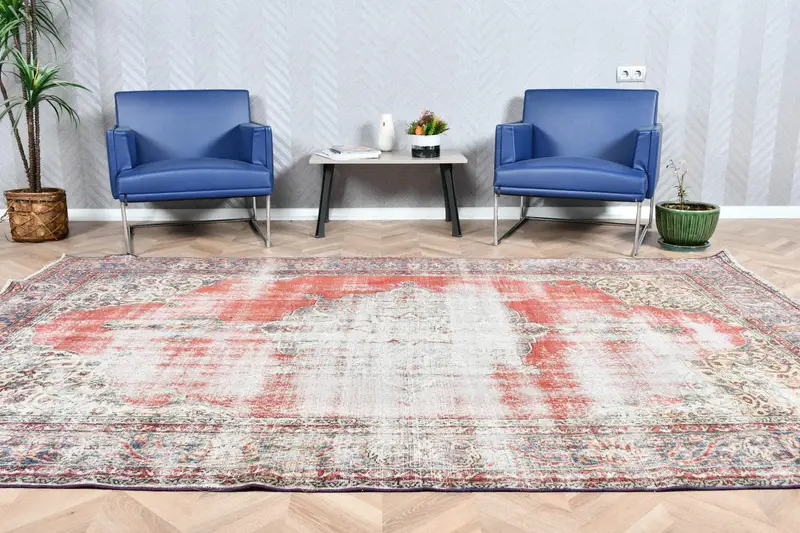 Vintage-Teppich, 6,6 x 10 Fuß großer Teppich, rot-weißer Oushak-Wollteppich - 1