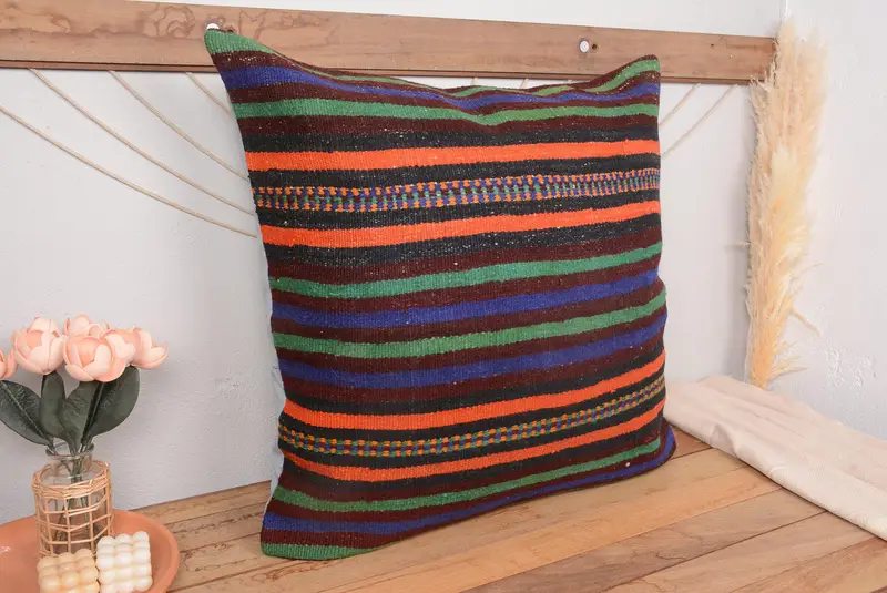 Blau & Orange gestreiftes Kissen, handgemachtes Vintage Kissen