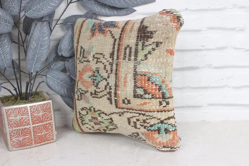Office Chair Cushion, Ethnical Kilim Rug Pillow, 12x12 Beige Cushion Case, Throw Kilim Pillow, Pillow, Lounge Throw Pillow, Turkish Pillow - 3