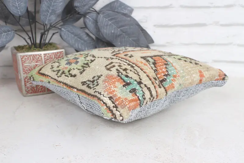 Office Chair Cushion, Ethnical Kilim Rug Pillow, 12x12 Beige Cushion Case, Throw Kilim Pillow, Pillow, Lounge Throw Pillow, Turkish Pillow - 6