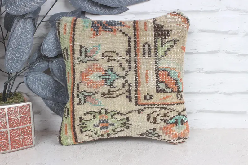 Office Chair Cushion, Ethnical Kilim Rug Pillow, 12x12 Beige Cushion Case, Throw Kilim Pillow, Pillow, Lounge Throw Pillow, Turkish Pillow - 1