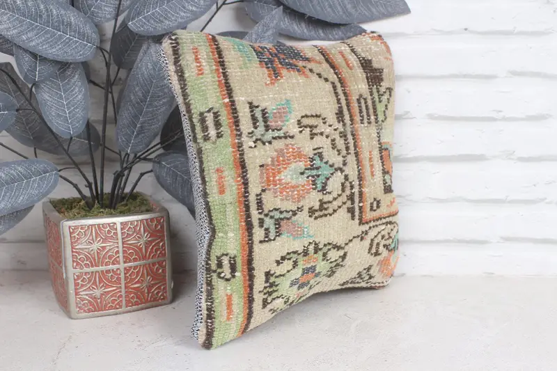 Office Chair Cushion, Ethnical Kilim Rug Pillow, 12x12 Beige Cushion Case, Throw Kilim Pillow, Pillow, Lounge Throw Pillow, Turkish Pillow - 4