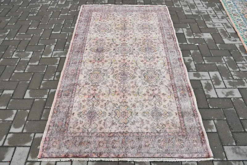 Turkish Vintage Rug, 3.8x6.7 ft Oushak Rug, Pink Red Bordered Wool Rug - 1