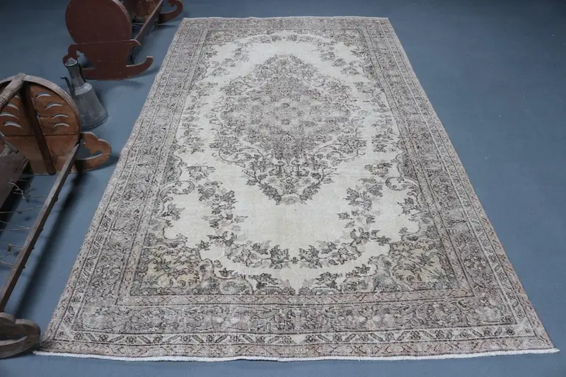 Vintage Türk Halısı 5.4x9.5 ft, Oushak Gri İkat Yün Halı - 1