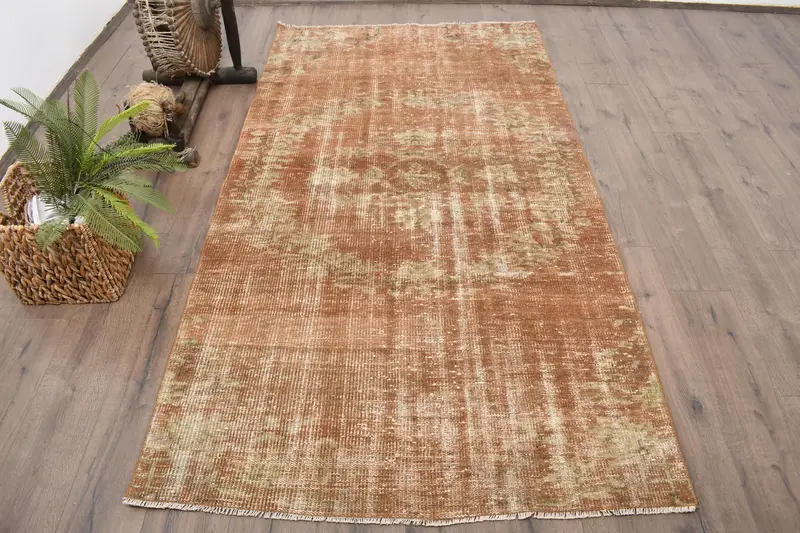 Vintage Teppich, 4,2x7,9 ft großer türkischer Teppich, Oushak braun gelb abstrakter Teppich - 1
