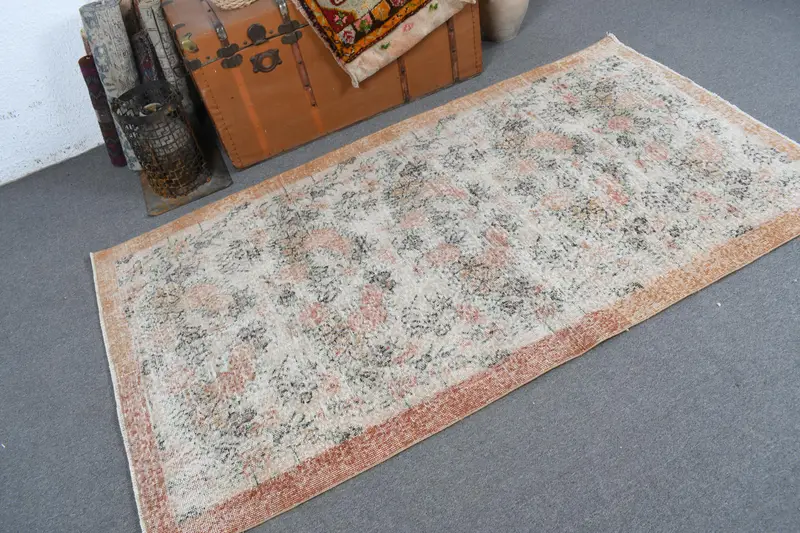 Vintage 3.6x6.7 ft Halı, Alan Türk Halısı, Kahverengi Beyaz Çiçekli Halı - 1