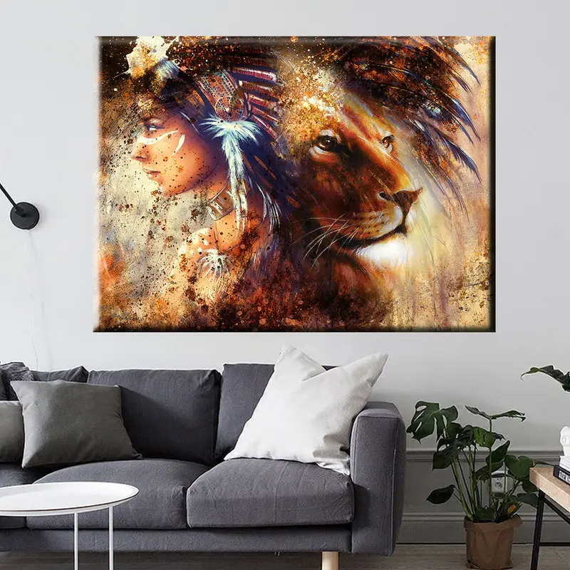 Indian Woman and Lion Portrait Canvas, Native Americans Art, Indian Art, Animal Prints, Female Portrait, Lion Canvas Art, Modern Wall Art, - 7