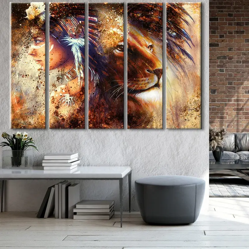 Indian Woman and Lion Portrait Canvas, Native Americans Art, Indian Art, Animal Prints, Female Portrait, Lion Canvas Art, Modern Wall Art, - 3
