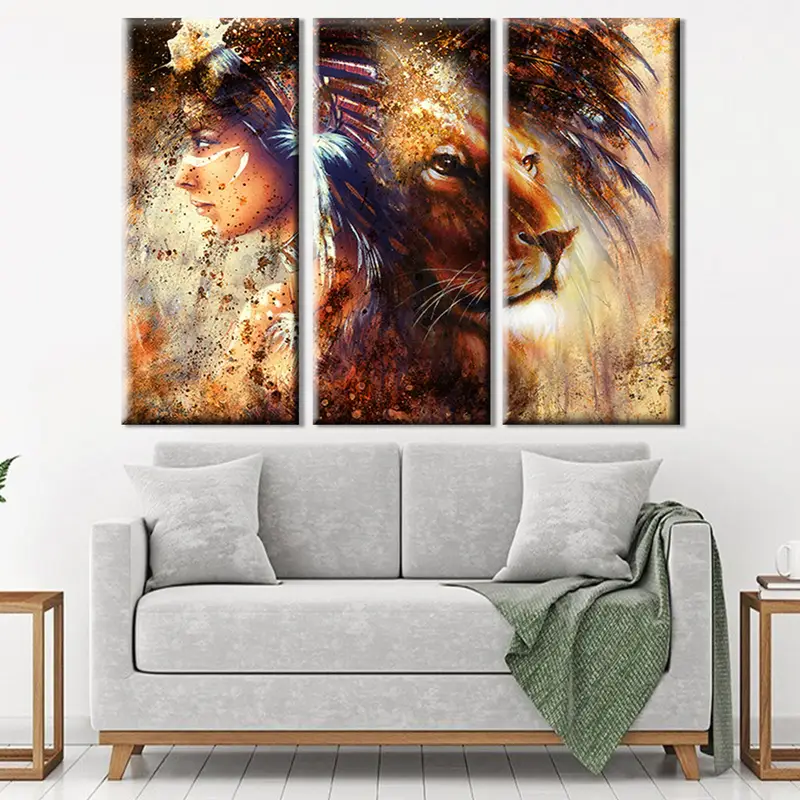 Indian Woman and Lion Portrait Canvas, Native Americans Art, Indian Art, Animal Prints, Female Portrait, Lion Canvas Art, Modern Wall Art, - 1