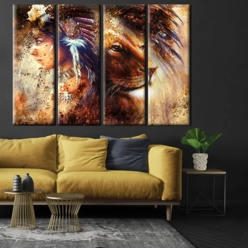 Indian Woman and Lion Portrait Canvas, Native Americans Art, Indian Art, Animal Prints, Female Portrait, Lion Canvas Art, Modern Wall Art, - 2