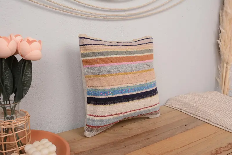 Outdoor Throw Cushion, 14x14 Blue Cushion Cover, Vintage Kilim Pillow, Boho Throw Pillow Cover, Kilim Cushion Sham, Pillow Case, Vintage Pillow - 1