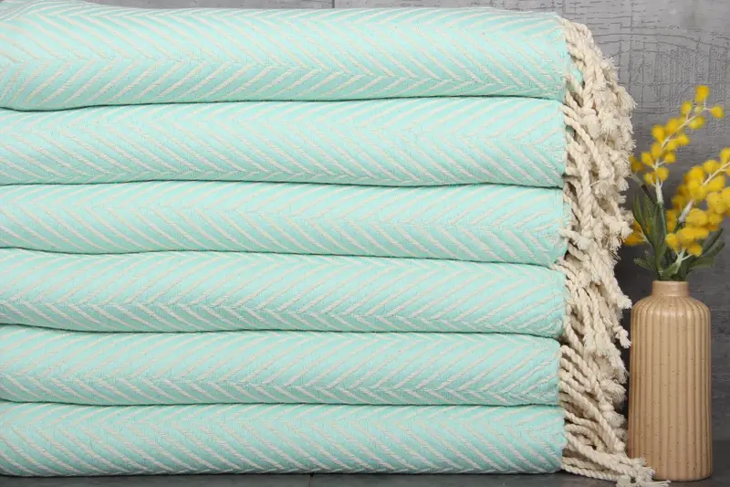 Embroidered Beach Towel Mint Chevron Turkish Cotton Beige, 40x69 Inches