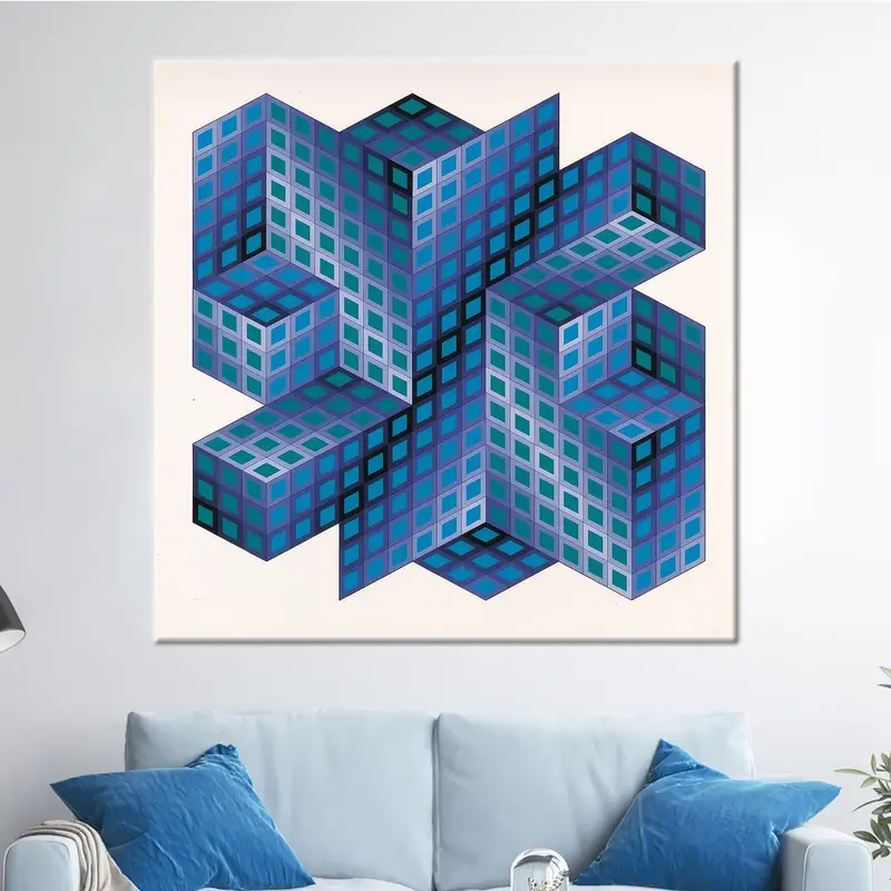 Lienzo azul abstracto: arte impreso inspirado en Victor Vasarely