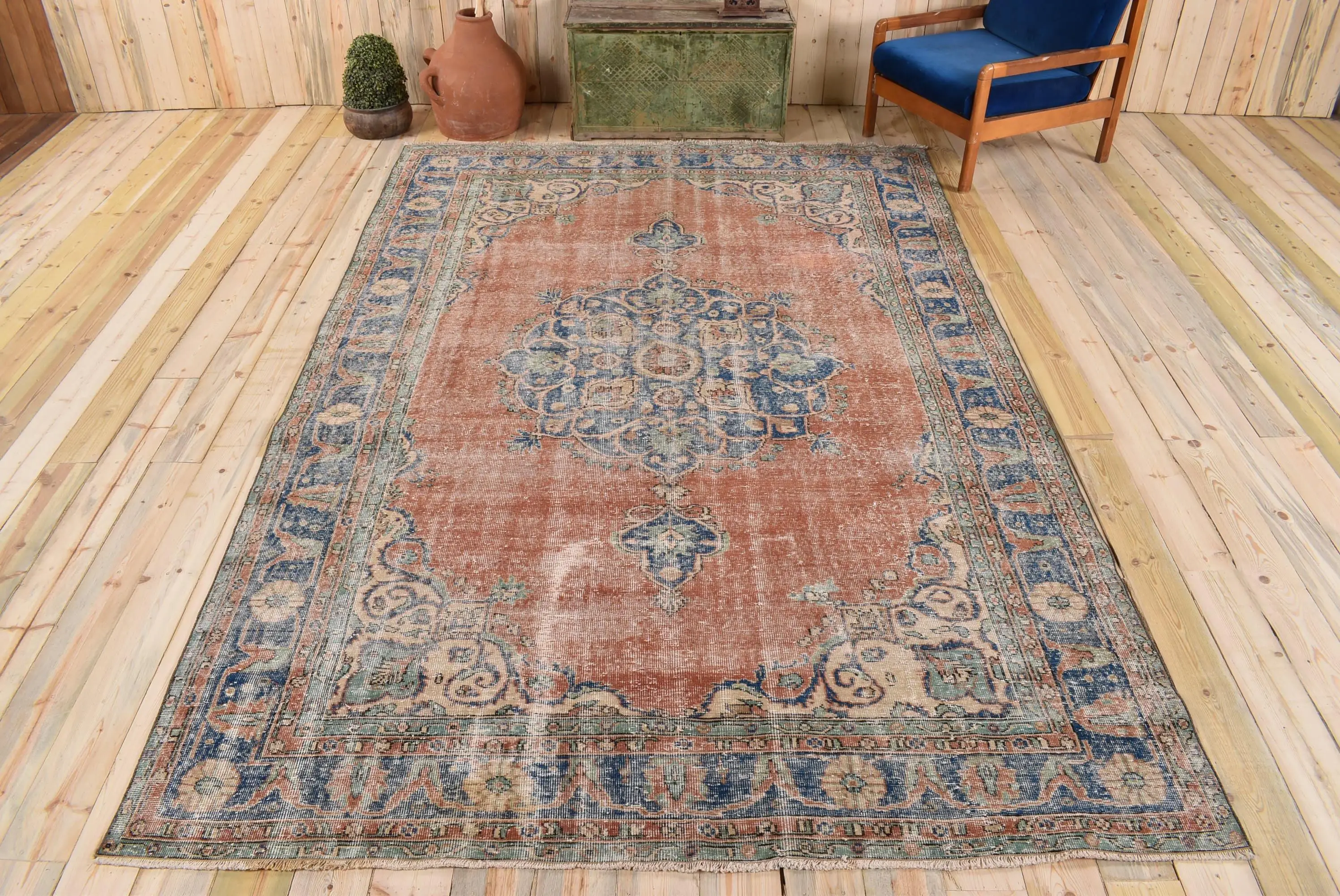 Vintage Oversize Rug 6.9x10.6 ft, Blue Brown Patchwork Rug Wool - 1