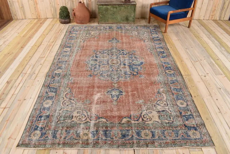 Vibrant Orange & Blue Rug, 6,9x10,6 ft Patchwork Design