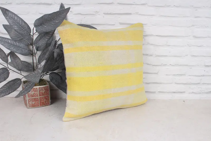 Boho Pillow Sham Cover, Pillow, 18x18 Yellow Cushion Case, Handwoven Pillow Cover Cushion, Kilim Pillow Cover, Interior Designer Pillow - 3