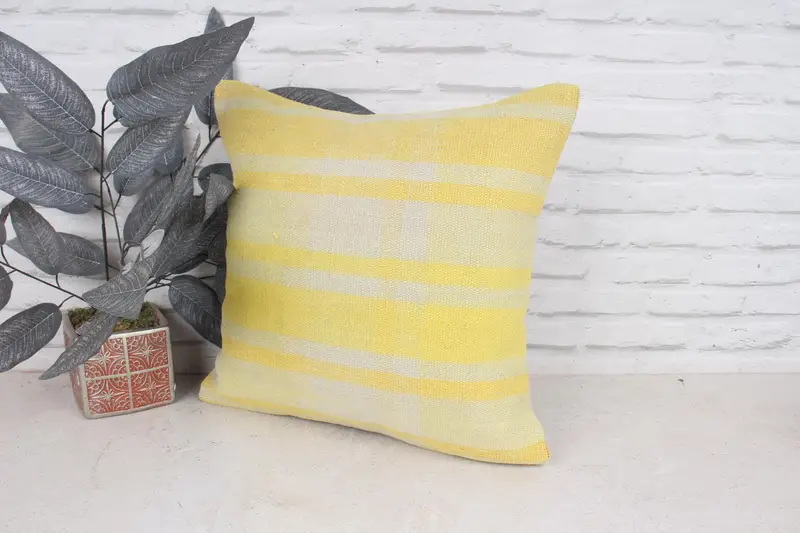 Boho Pillow Sham Cover, Pillow, 18x18 Yellow Cushion Case, Handwoven Pillow Cover Cushion, Kilim Pillow Cover, Interior Designer Pillow - 4