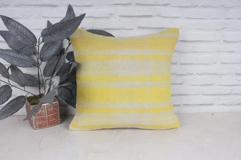 Boho Pillow Sham Cover, Pillow, 18x18 Yellow Cushion Case, Handwoven Pillow Cover Cushion, Kilim Pillow Cover, Interior Designer Pillow - 1