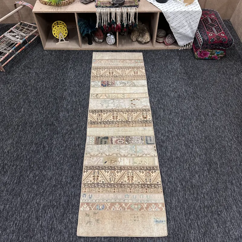 Vintage Turkish Rug, 2.2x7.2 ft Herki Rug, Beige Small Patchwork Rug - 1