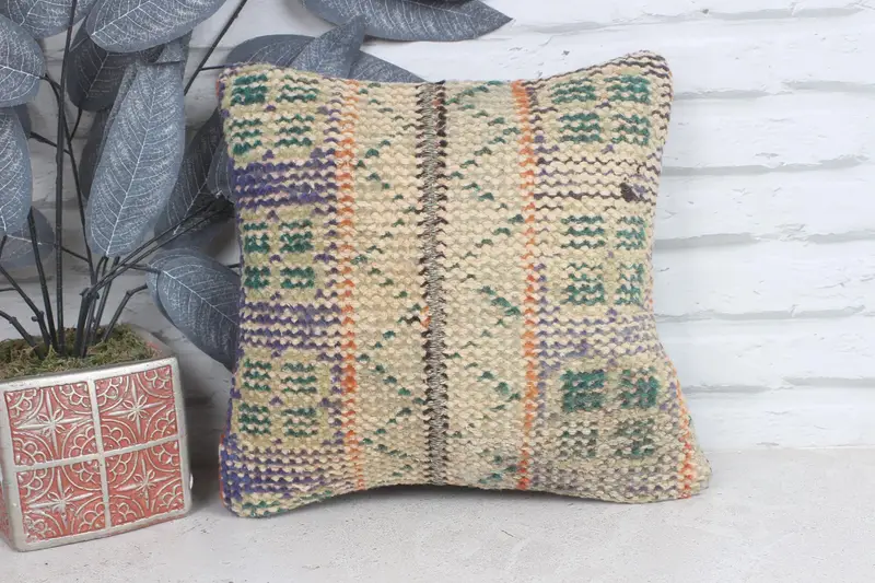 Tribal Pillow Sham, Throw Kilim Pillow, Cushion, 12x12 Beige Cushion Cover, Ethnical Kilim Rug Pillow, Kilim Pillow Cover, Ethnic Pillow - 1