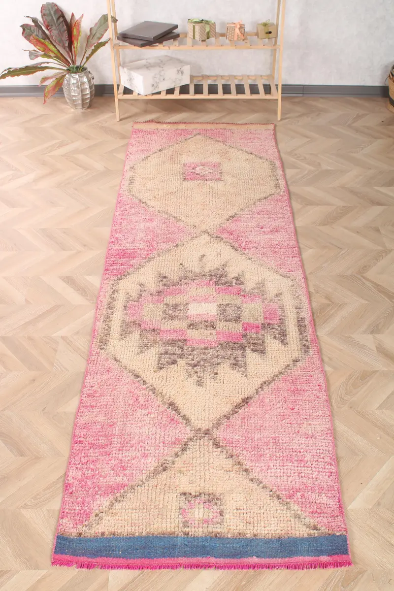 2,8x9,4 ft türkischer Herki-Teppich, rosa Ikat-Vintage-Teppichwolle - 1