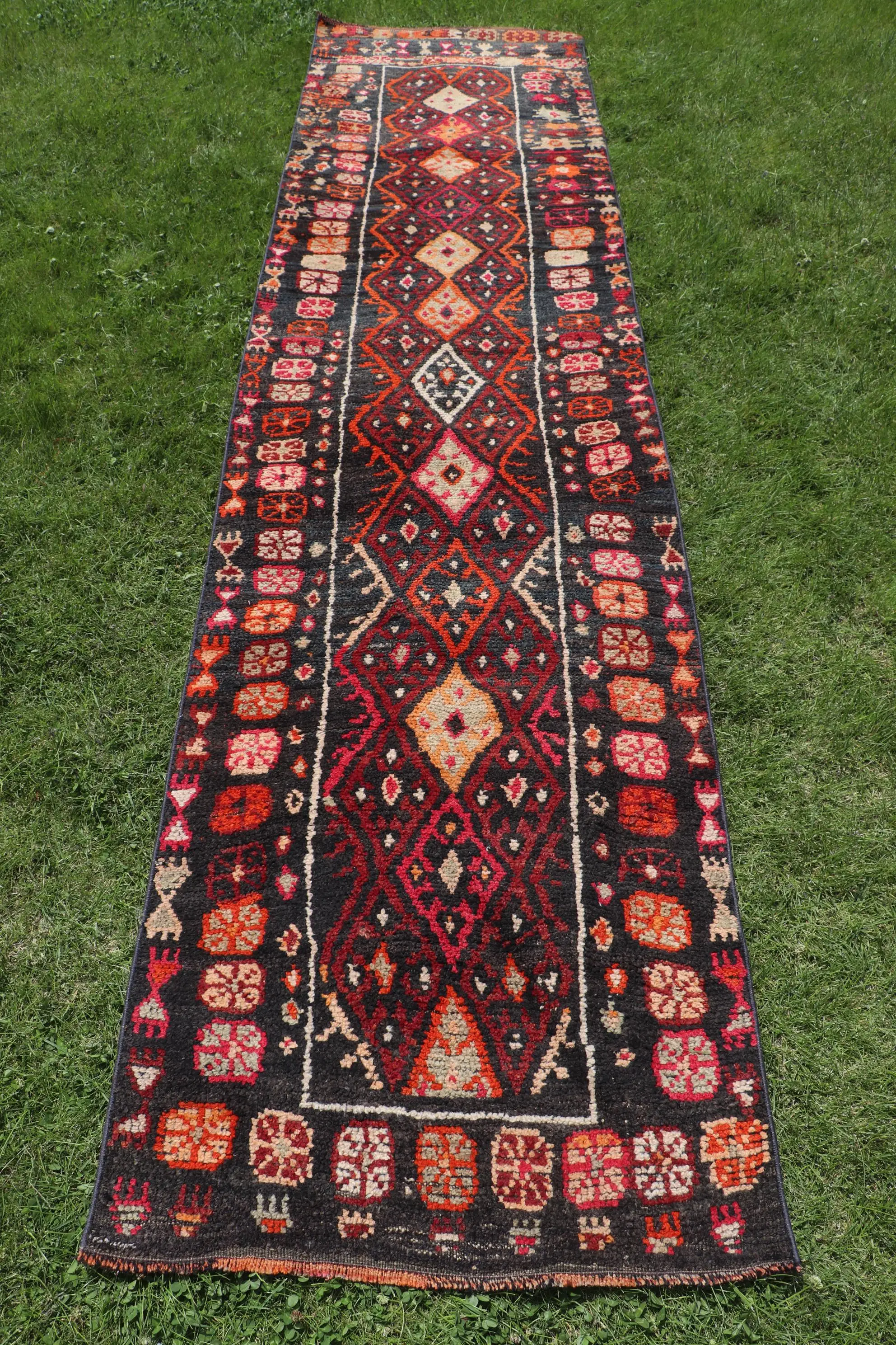 Vintage Turkish Rug, 2.7x11.3 ft Herki Rug, Black Check Wool Rug - 1
