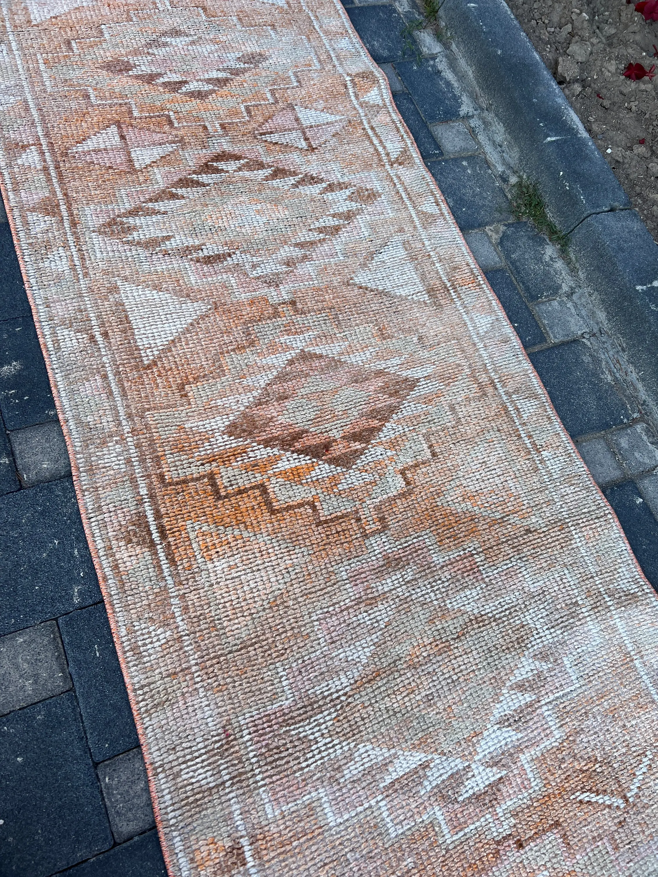 2.7x12.5 ft Rug, Vintage Turkish Rug, Brown Orange Oriental Wool Rug - 1