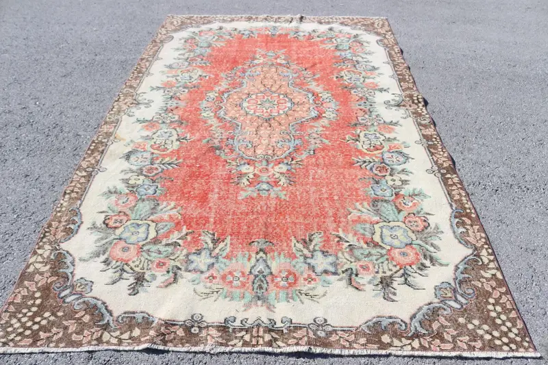 Türk Oushak Büyük Halı 6x10 ft (184x304 cm), Vintage Kırmızı Bitkiler ve ağaçlar Halı - 1