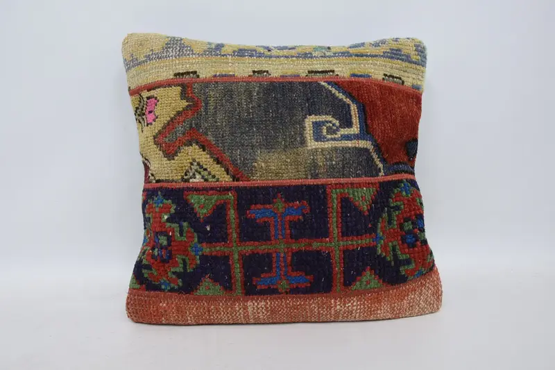 Throw Kilim Pillow, Sustainable Cushion, Seat Pillow, Hippie Throw Pillow Case, 18x18 Blue Pillow Cover, Pillow for Sofa, Boho Pillow, Pillow Sham - 1