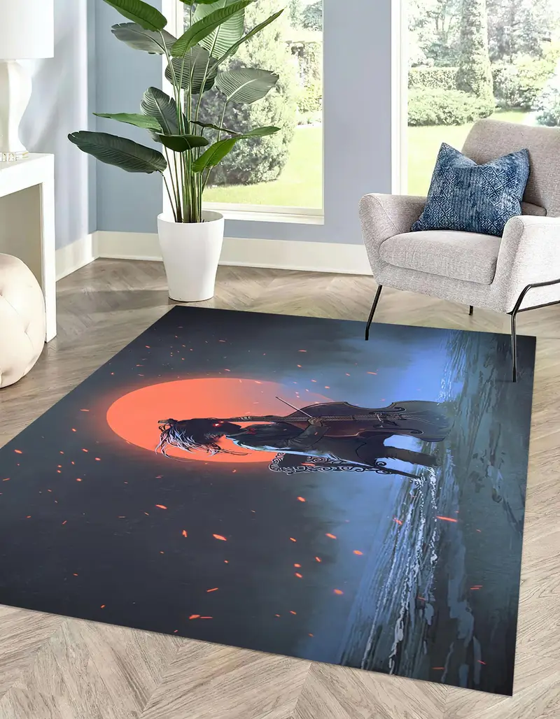 Alfombra Estampada Moderna: Violonchelo Noche Paisaje Lunar Paisaje Marino Diseño Abstracto