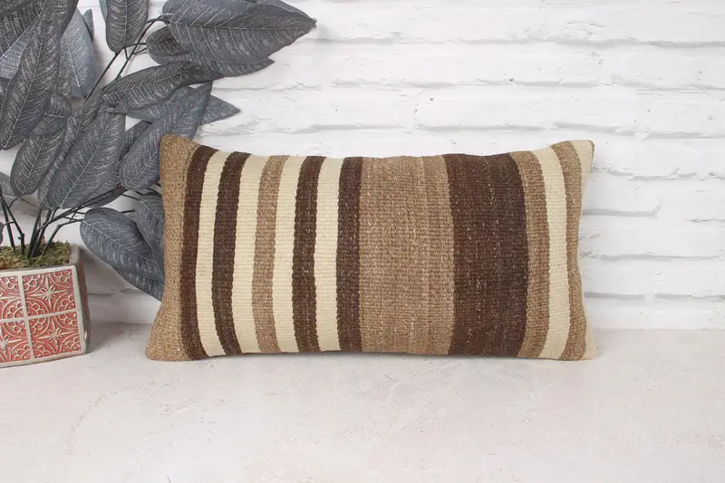 Cushion Case, Kilim Rug Pillow Case, Anatolian Pillow Cover, Throw Kilim Pillow, Vintage Pillow, Antique Pillows, 10x20 Brown Cushion Case - 1