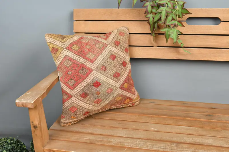 Bright Cushion Cover, Pillow Sham, 16x16 Red Cushion Cover, Tribal Cushion Cover, Kilim Cushion Sham, Handmade Kilim Cushion, Vintage Pillow - 1