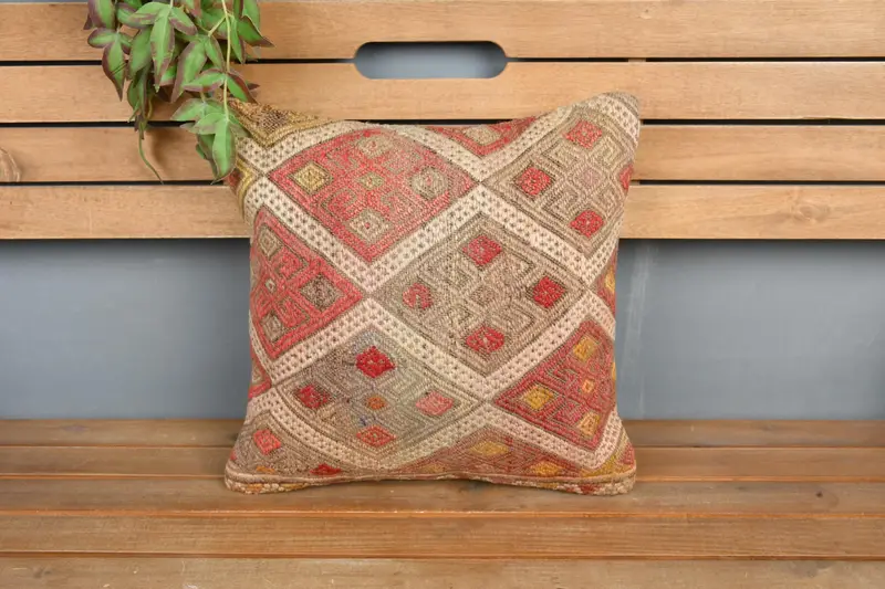 Bright Cushion Cover, Pillow Sham, 16x16 Red Cushion Cover, Tribal Cushion Cover, Kilim Cushion Sham, Handmade Kilim Cushion, Vintage Pillow - 6