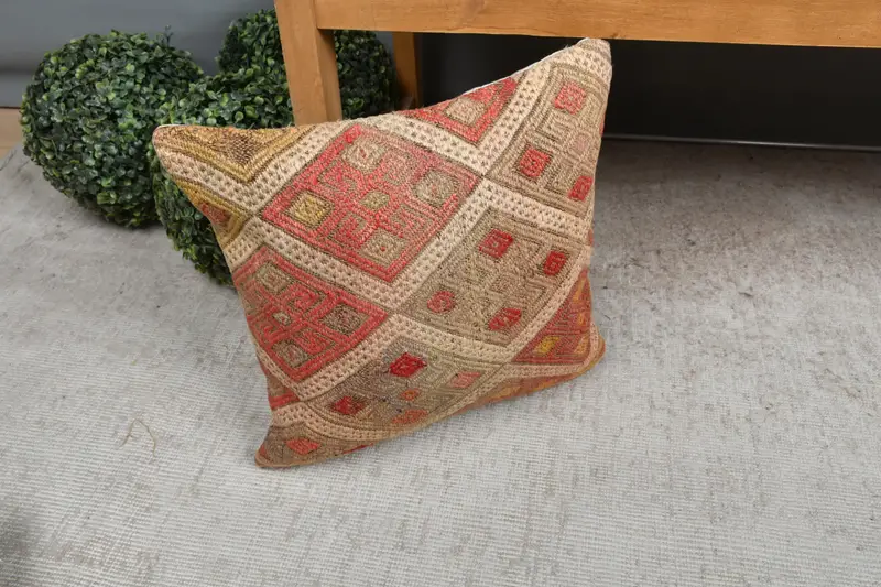 Bright Cushion Cover, Pillow Sham, 16x16 Red Cushion Cover, Tribal Cushion Cover, Kilim Cushion Sham, Handmade Kilim Cushion, Vintage Pillow - 7