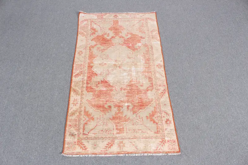 Vintage Oushak Small Rug 2.2x4.2 ft (68x128 cm), Turkish Orange Camouflage Wool Rug - 1