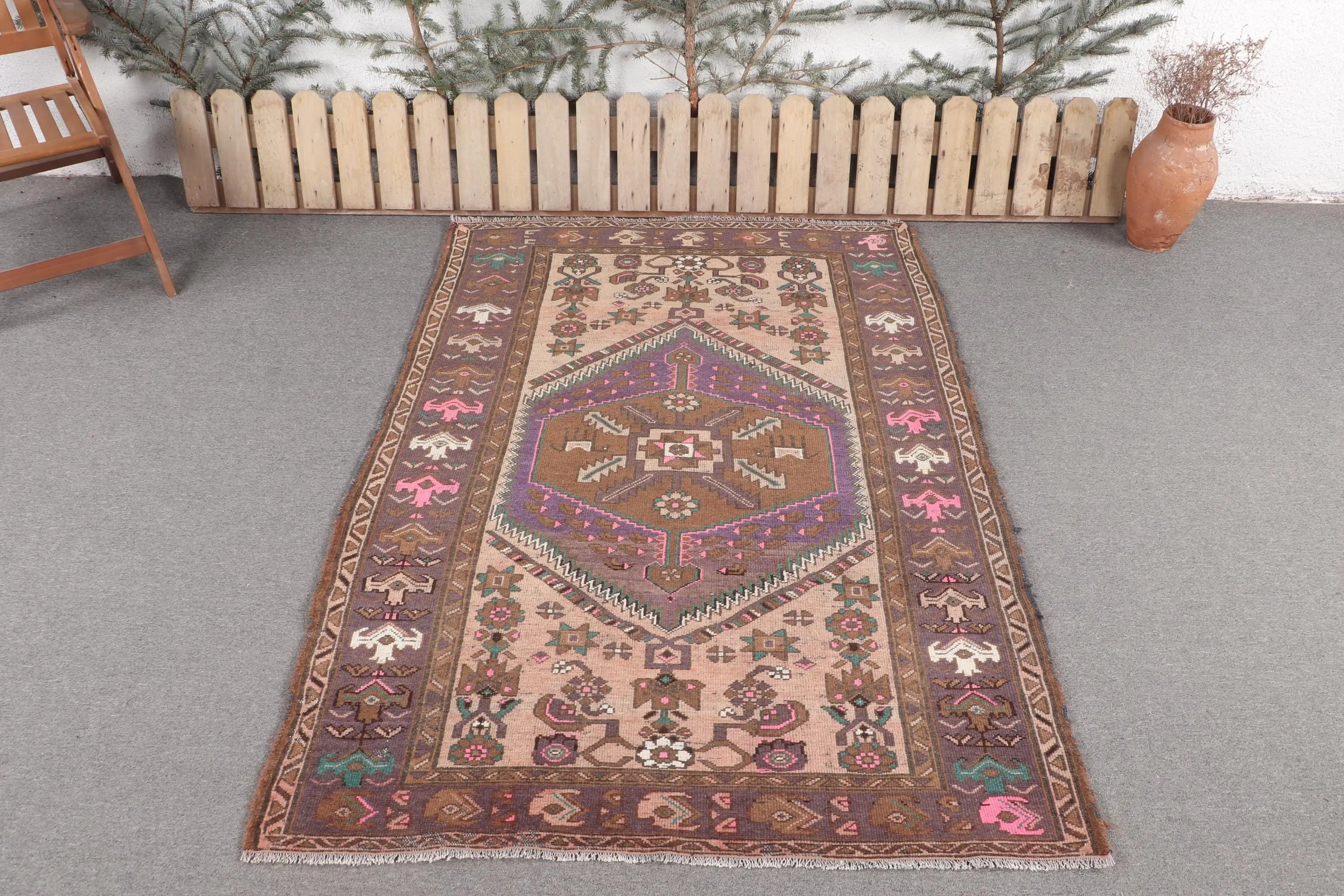 4.4x6.3 ft Rug, Vintage Turkish Area Rug, Brown Wool Rug - 1