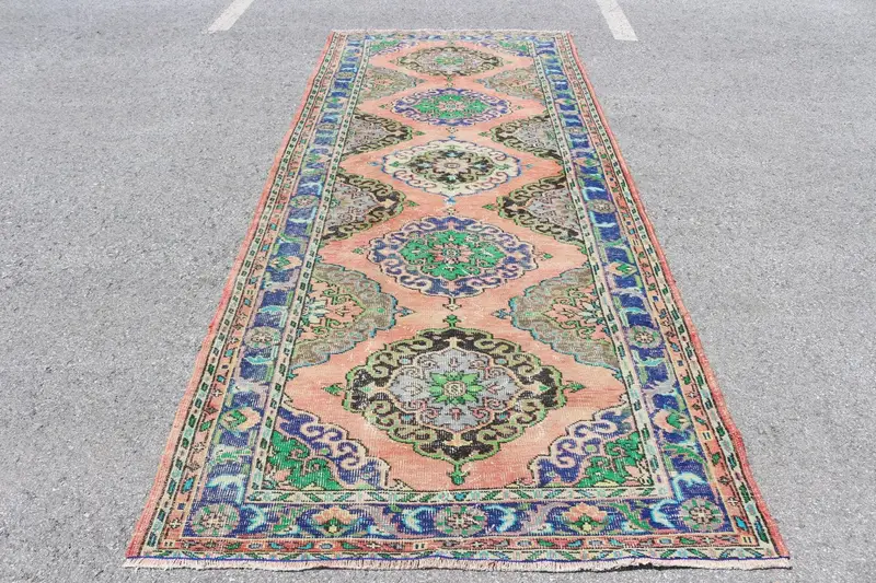 4.7x11.7 ft Halı, Türk Vintage Halısı, Mavi Puantiyeli Yün Halı - 1