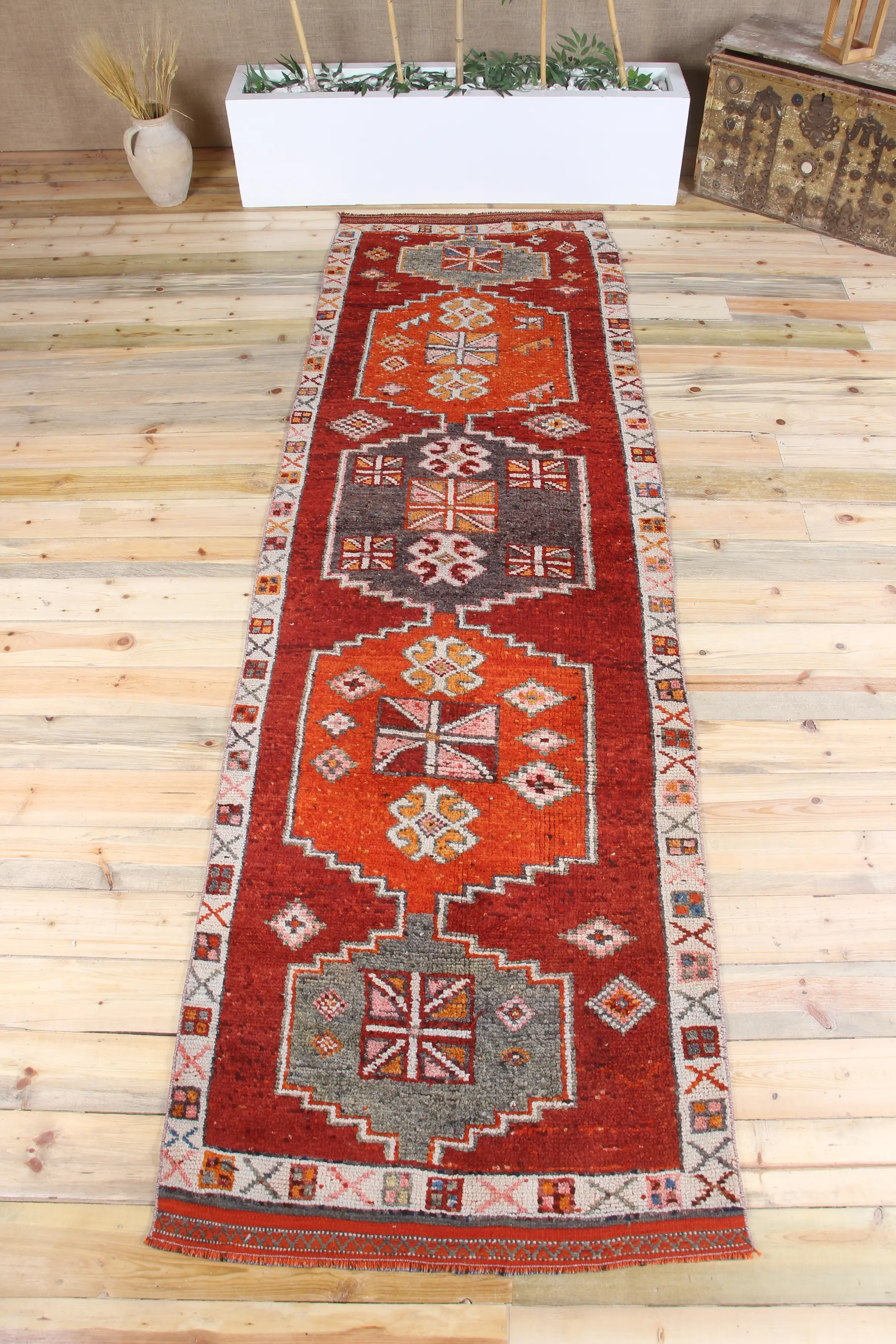 Vintage Turkish Rug, 3.2x10.9 ft Herki Rug, Orange Gray Geometric Rug - 1