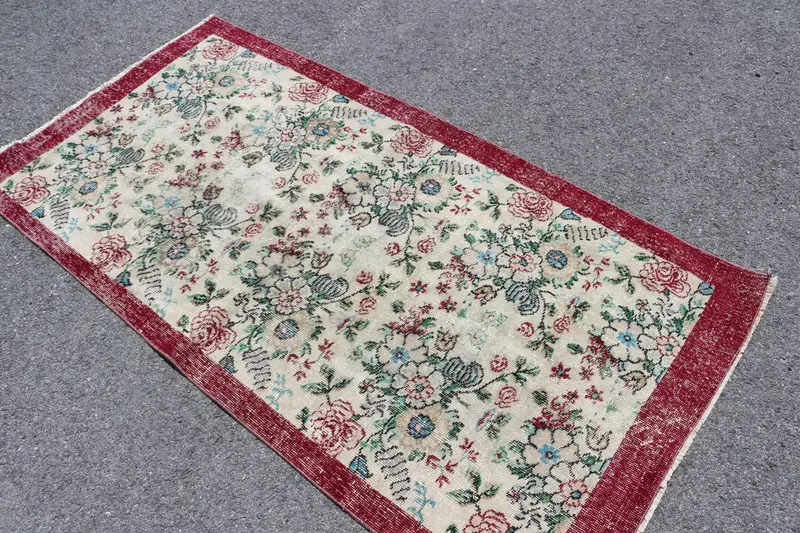 3.3x6.3 ft Vintage Accent Halı, Kırmızı Beyaz Türk Soyut Yün Halı - 1