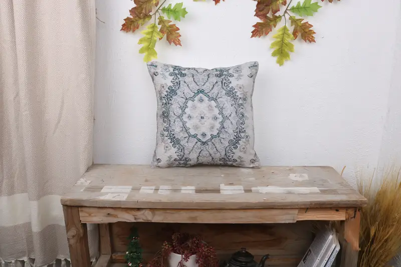 Embroidered Beige & Bronze Throw Pillow, Vintage Square Pillow