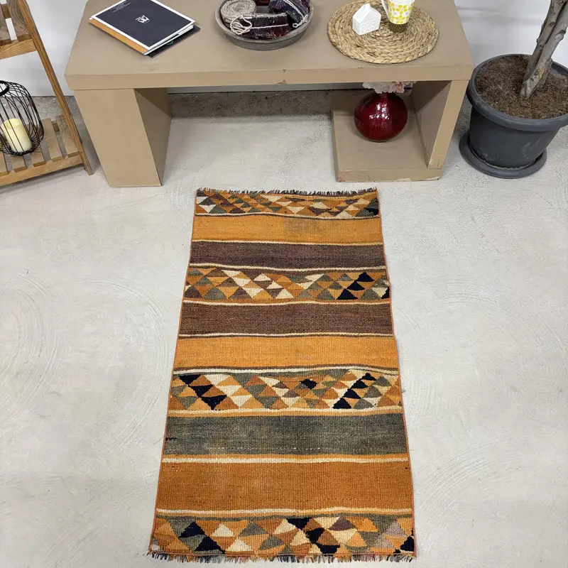 Turkish Vintage Rug 2.3x7.5 ft, Kilim Brown Animal Print Wool Rug - 1