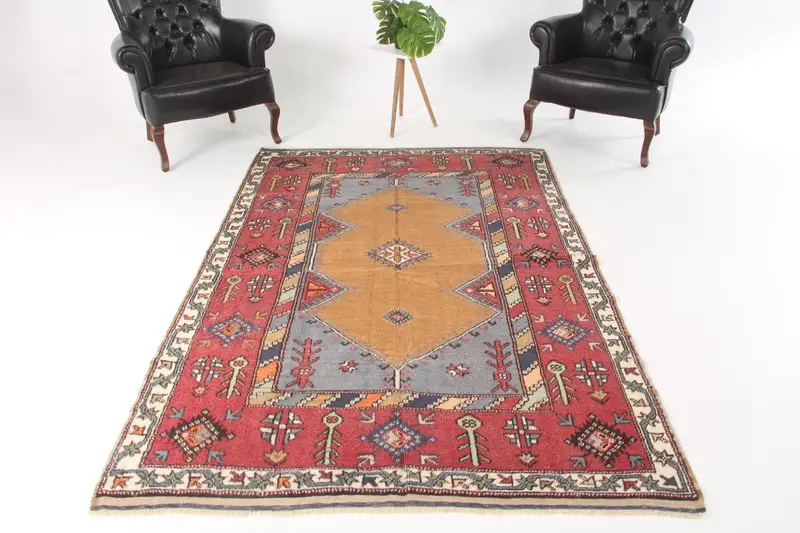 Vintage Büyük Halı 5.2x7.8 ft, Türk Oushak Kırmızı Bitkiler ve ağaçlar Yün Halı - 1