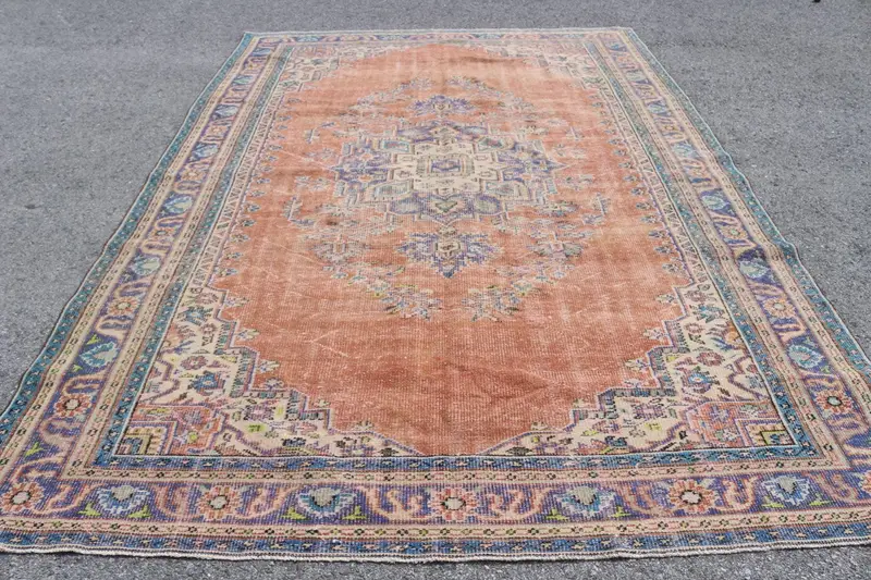 Vintage Türk Halısı, 7.6x10.8 ft Oushak Halı, Kırmızı Mavi Kamuflaj Yün Halı - 1