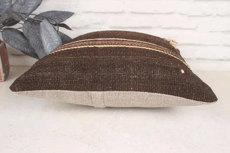 Square Throw Cushion, Natural Pillow, Turkish Pillow, Farmhouse Cushion Cover, Kilim Pillow Cover, 16x16 Brown Pillow, Home Decor Pillow, Cushion - 5