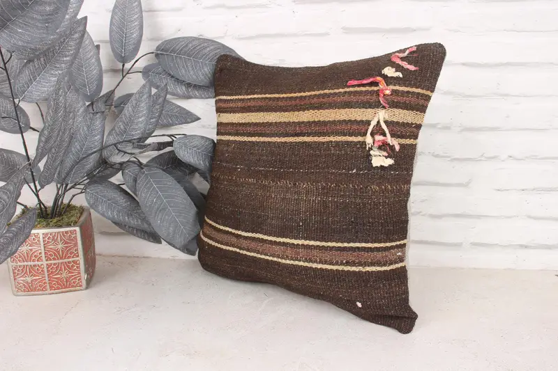 Square Throw Cushion, Natural Pillow, Turkish Pillow, Farmhouse Cushion Cover, Kilim Pillow Cover, 16x16 Brown Pillow, Home Decor Pillow, Cushion - 4