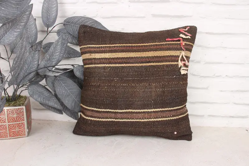 Square Throw Cushion, Natural Pillow, Turkish Pillow, Farmhouse Cushion Cover, Kilim Pillow Cover, 16x16 Brown Pillow, Home Decor Pillow, Cushion - 1