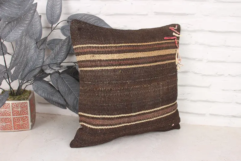 Square Throw Cushion, Natural Pillow, Turkish Pillow, Farmhouse Cushion Cover, Kilim Pillow Cover, 16x16 Brown Pillow, Home Decor Pillow, Cushion - 3